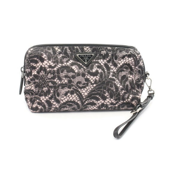 Prada TESSUTO ST PIZZ Pouch Bag Nylon Saffiano Leather Black Pink - Picture 1 of 7